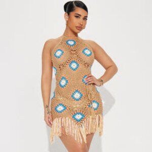 Crochet Mini Swim Cover Up Dress - Tan/Multi